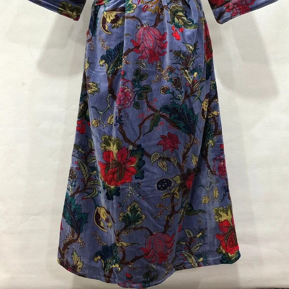 Floral Print Velvet Kimono Luxury Jacket, Party Boho Robe Lounge Wear - Unisex - Picture 13 of 16